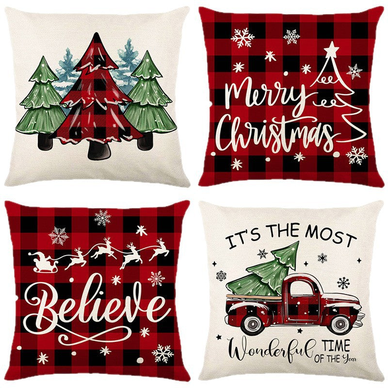 Wholesale Christmas red and black plaid linen print pillowcase